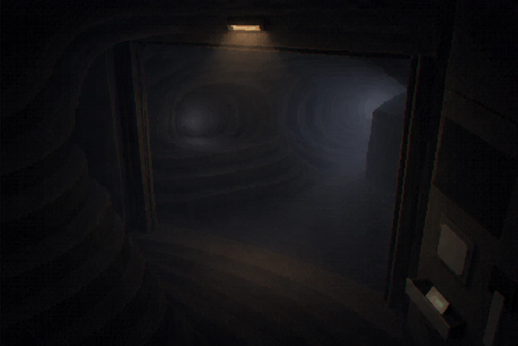 Dark winding tunnel staircase leading into subterranean depths beside an illuminated console terminal