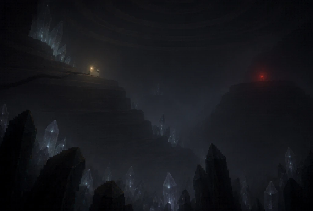 Colossal underground cavern with towering illuminated crystal spires and a lone research outpost overlooking an ominous red beacon