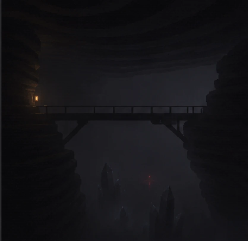 Narrow industrial bridge between massive tiered stone terraces above deep crystal formations and dark abyss